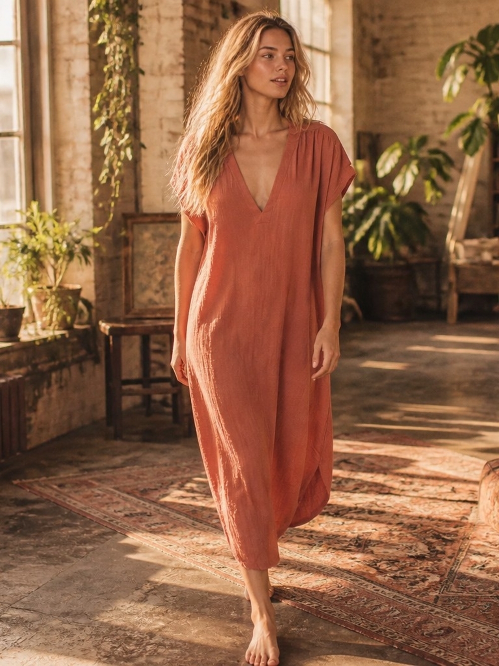 Prologue Rust V-Neck Maxi Caftan Dress